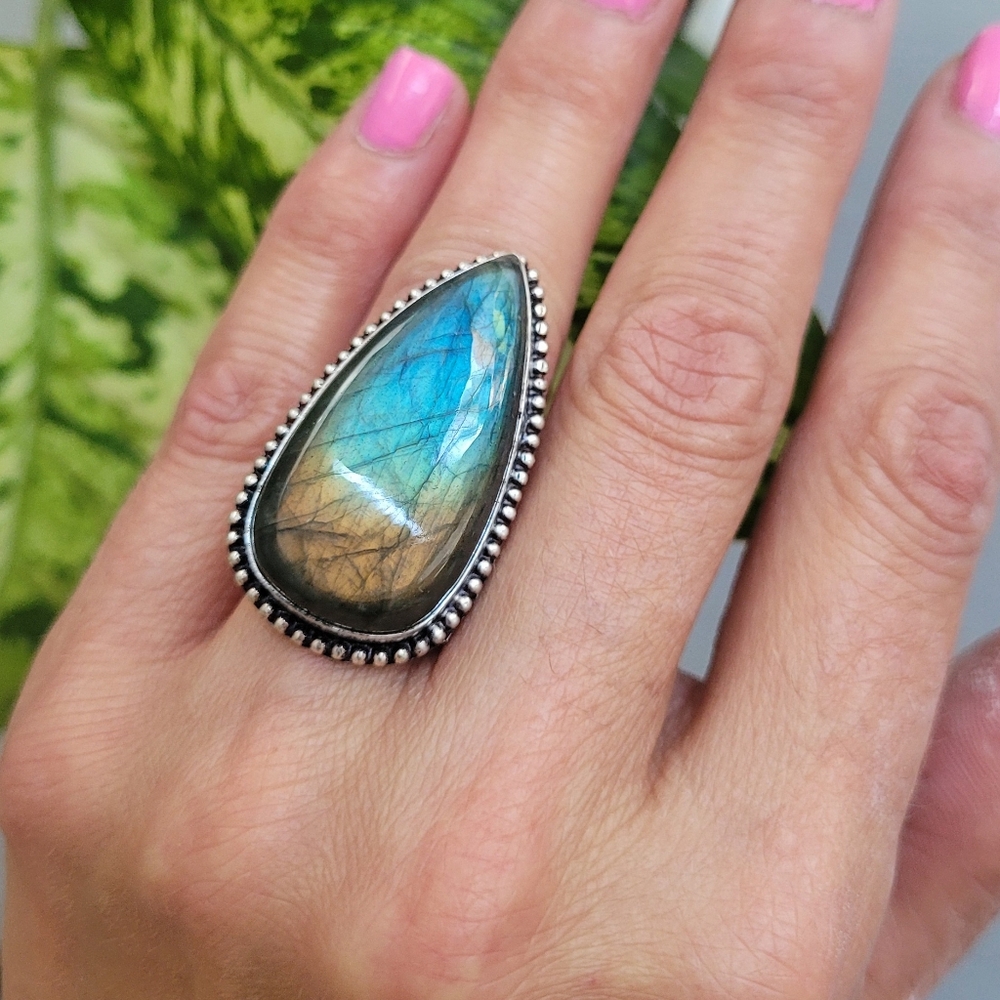 Large Sterling Silver Natural Labradorite Ring